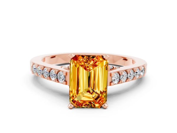 Rose gold Emerald Cut Citrine Solitaire Ring with Crossover Gallery and Round  Pavé Band