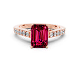 Rose gold Emerald Cut Diamond Solitaire Ring with Pavé Band and Prong Setting