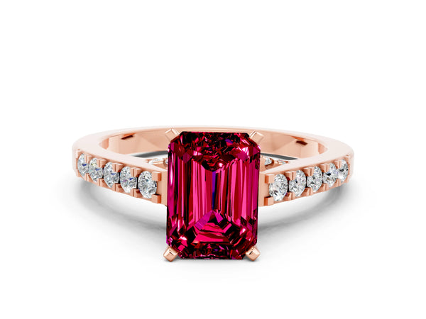 Rose gold Emerald Cut Garnet Solitaire Ring with Crossover Gallery and Round  Pavé Band