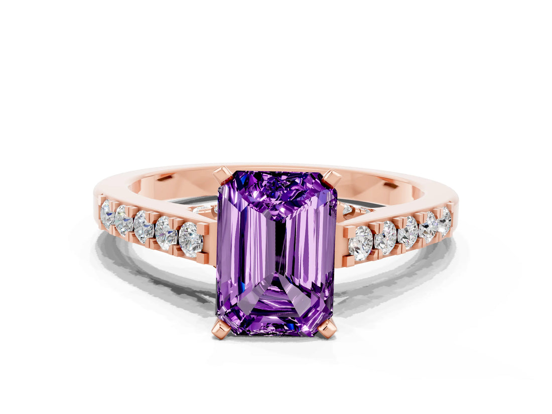 Rose gold Emerald Cut Diamond Solitaire Ring with Pavé Band and Prong Setting