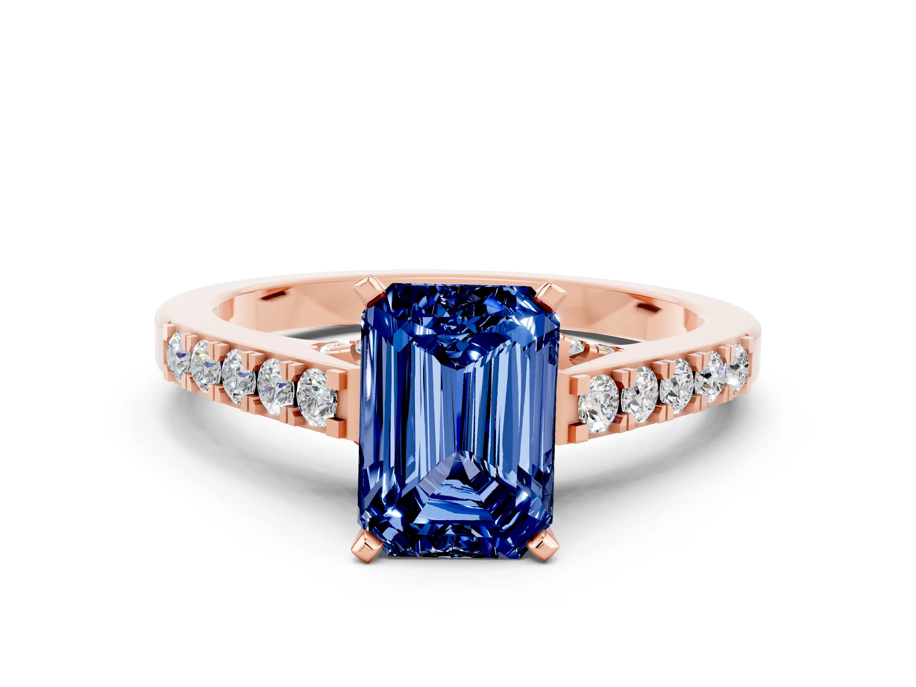 Rose gold Emerald Cut Diamond Solitaire Ring with Pavé Band and Prong Setting