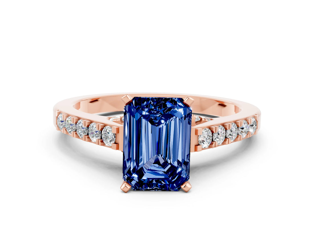 Rose gold Emerald Cut Diamond Solitaire Ring with Pavé Band and Prong Setting