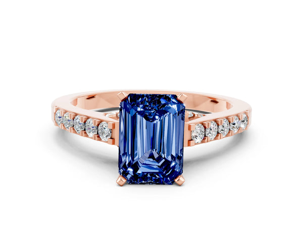 Rose gold Emerald Cut Blue Sapphire Solitaire Ring with Crossover Gallery and Round  Pavé Band
