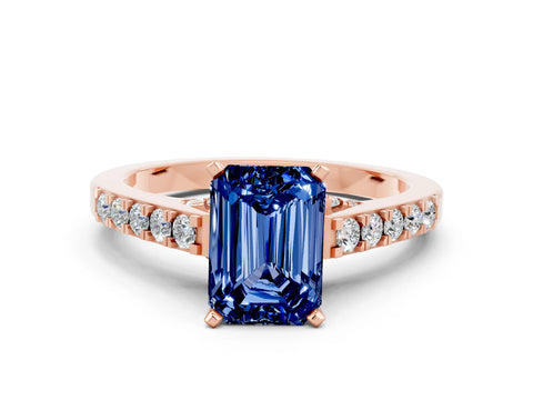 Rose gold Emerald Cut Diamond Solitaire Ring with Pavé Band and Prong Setting