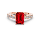 Rose gold Emerald Cut Diamond Solitaire Ring with Pavé Band and Prong Setting