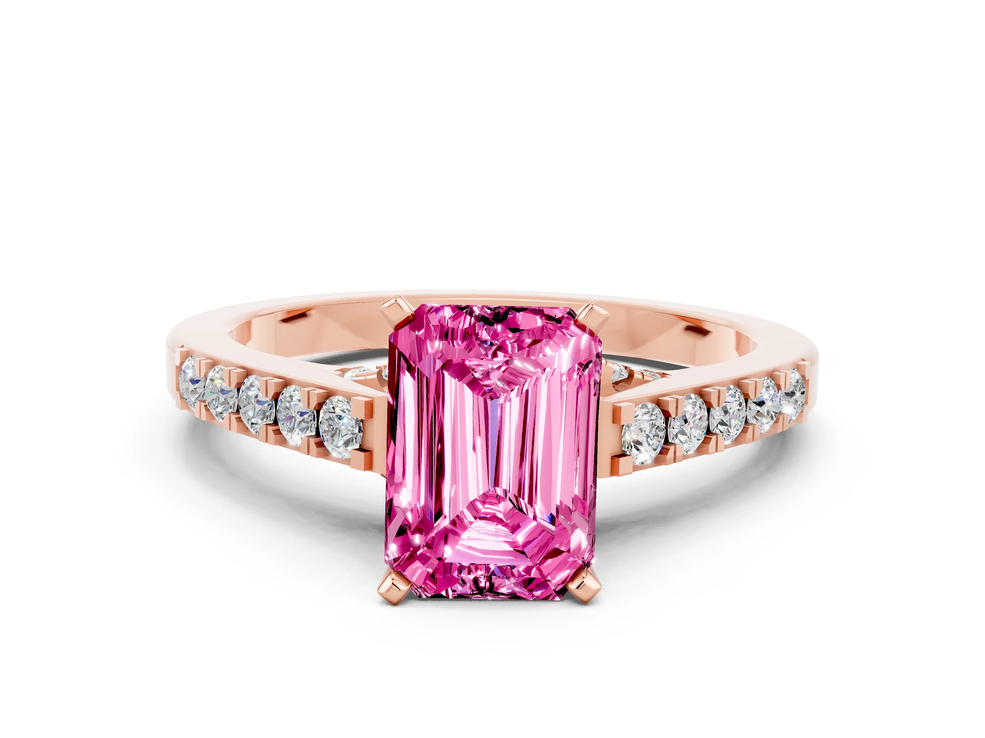 Rose gold Emerald Cut Diamond Solitaire Ring with Pavé Band and Prong Setting