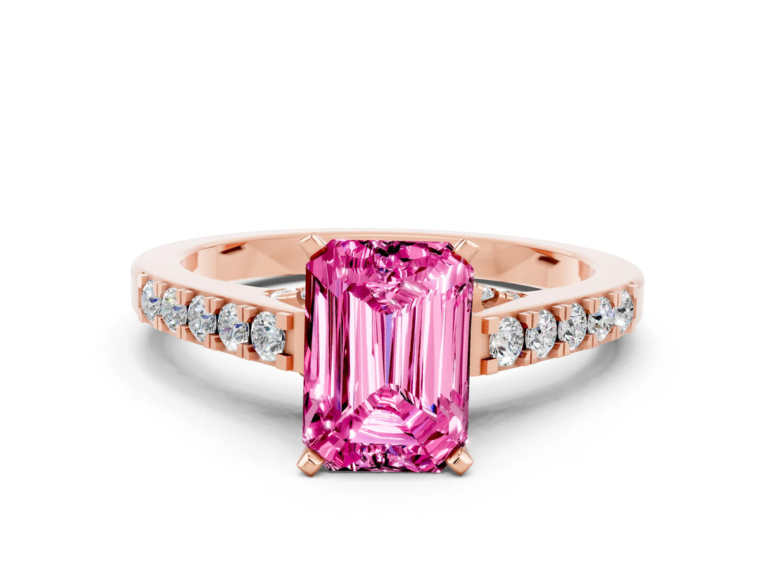 Rose gold Emerald Cut Diamond Solitaire Ring with Pavé Band and Prong Setting