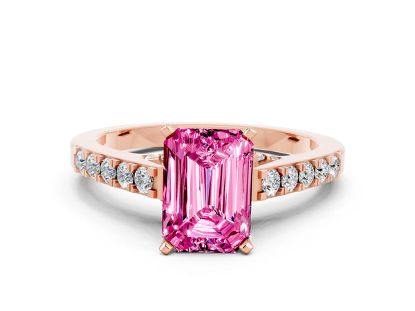 Rose gold Emerald Cut Pink Sapphire Solitaire Ring with Crossover Gallery and Round  Pavé Band