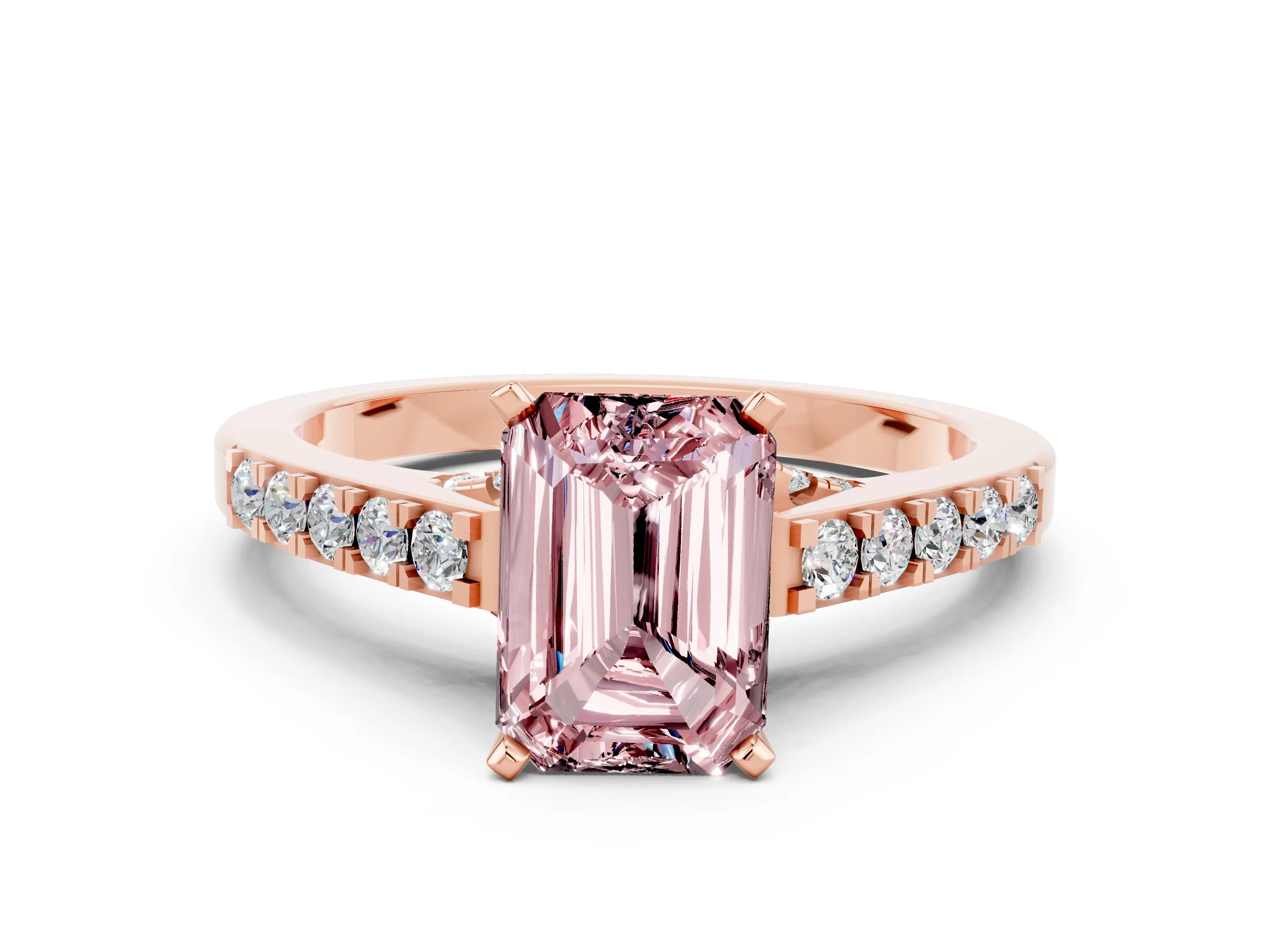 Rose gold Emerald Cut Diamond Solitaire Ring with Pavé Band and Prong Setting