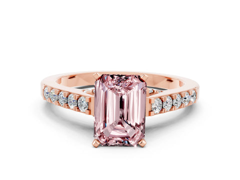 Rose gold Emerald Cut Diamond Solitaire Ring with Pavé Band and Prong Setting