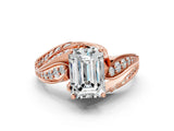 Rose gold Emerald Cut Diamond Solitaire Ring with Prong Setting and Twisted Pavé Band_3