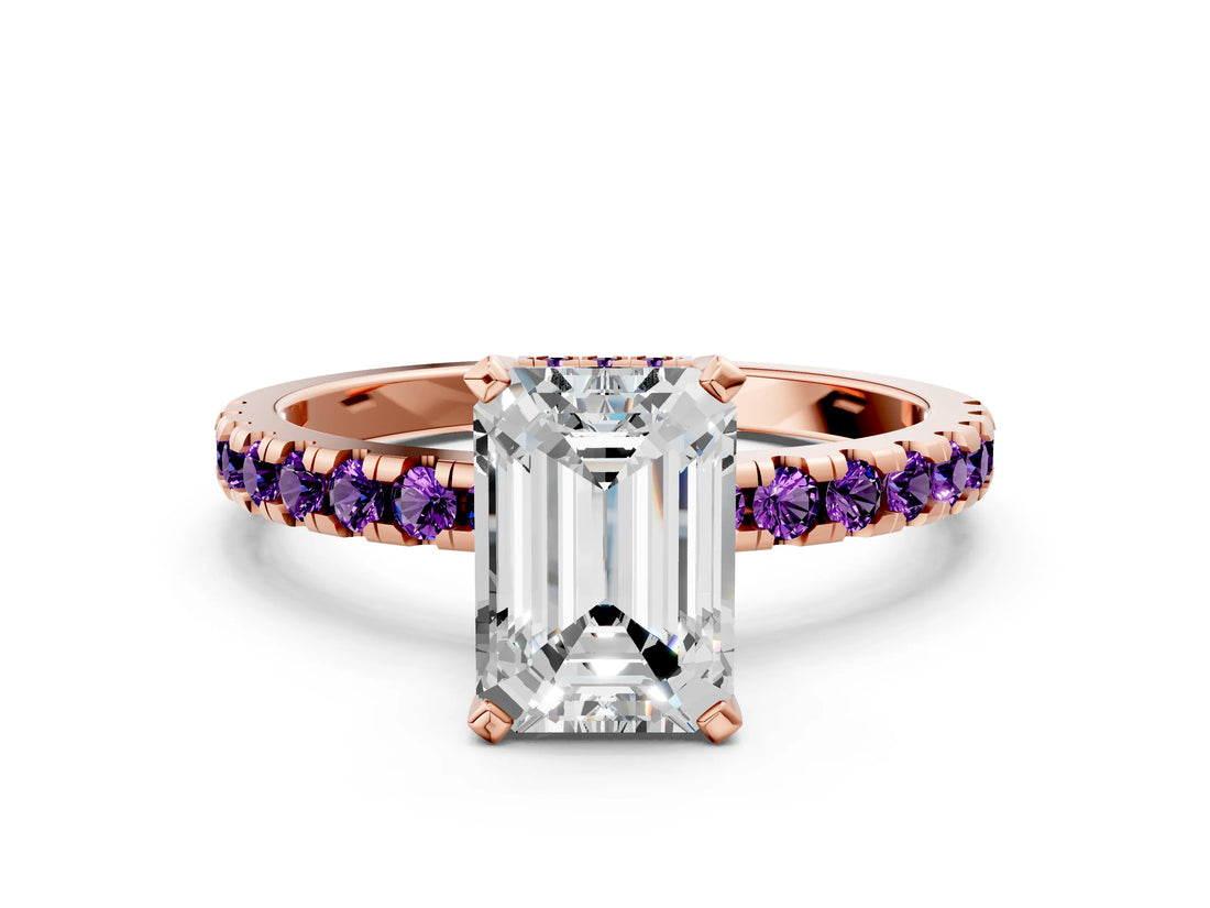 Rose gold Emerald Cut Diamond Solitaire Ring with Round with Amethyst side stone Pavé Band and Four-Prong Setting_36