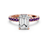 Rose gold Emerald Cut Diamond Solitaire Ring with Round with Amethyst side stone Pavé Band and Four-Prong Setting_36