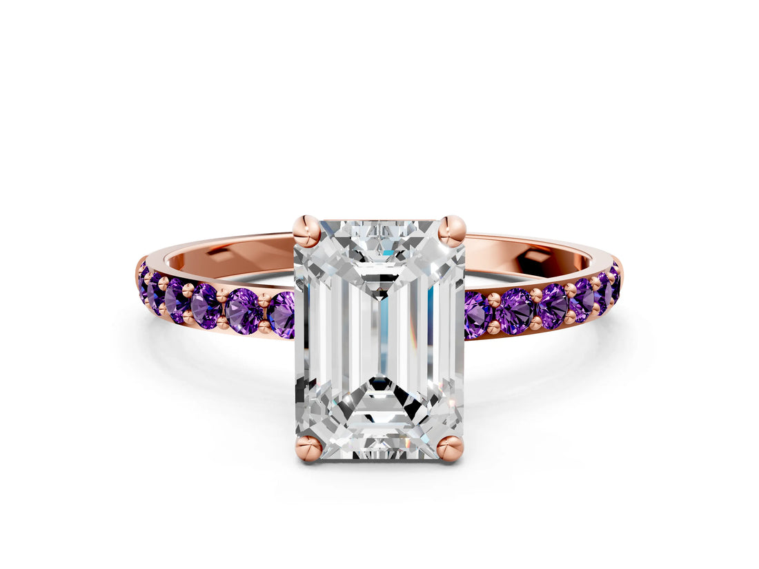 Rose gold Emerald Cut Diamond Solitaire Ring with Round with Amethyst side stone Pavé Band and Prong Setting_12
