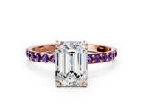 Rose gold Emerald Cut Diamond Solitaire Ring with Round with Amethyst side stone Pavé Band and Prong Setting_12