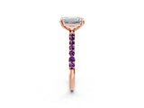 Rose gold Emerald Cut Diamond Solitaire Ring with Round with Amethyst side stone Pavé Band and Prong Setting_14