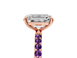 Rose gold Emerald Cut Diamond Solitaire Ring with Round with Amethyst side stone Pavé Band and Prong Setting_17