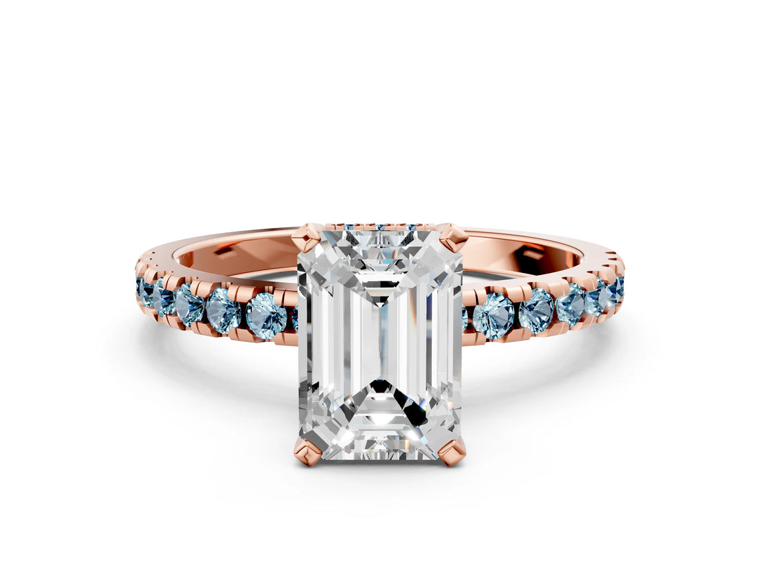 Rose gold Emerald Cut Diamond Solitaire Ring with Round with Aquamarine side stone Pavé Band and Four-Prong Setting_36