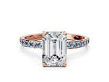 Rose gold Emerald Cut Diamond Solitaire Ring with Round with Aquamarine side stone Pavé Band and Prong Setting_24