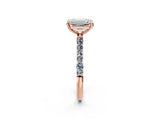 Rose gold Emerald Cut Diamond Solitaire Ring with Round with Aquamarine side stone Pavé Band and Prong Setting_26
