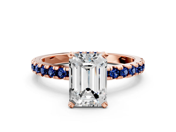 Rose Gold Emerald Cut Hidden Halo Engagement Ring Setting with Lab-Grown Blue Sapphire Side Stones