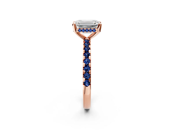 Rose Gold Emerald Cut Hidden Halo Engagement Ring Setting with Lab-Grown Blue Sapphire Side Stones