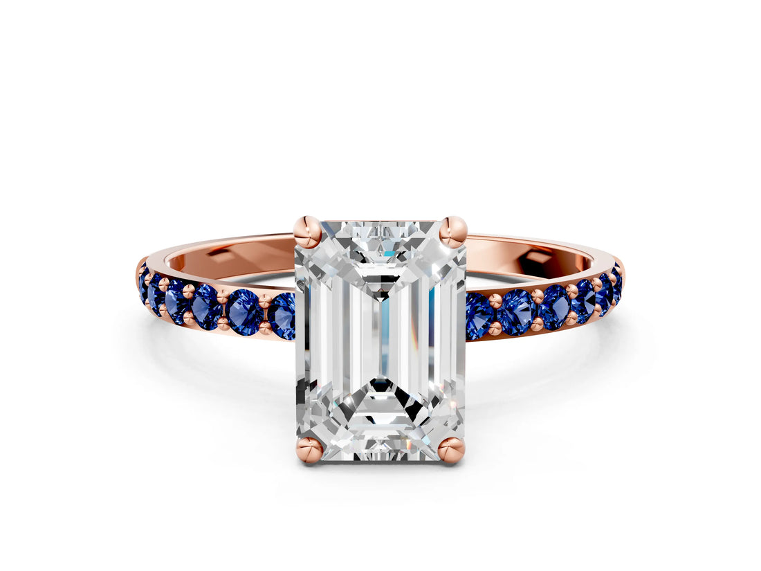 Rose gold Emerald Cut Diamond Solitaire Ring with Round with Blue Sapphire side stone Pavé Band and Prong Setting_12