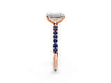 Rose gold Emerald Cut Diamond Solitaire Ring with Round with Blue Sapphire side stone Pavé Band and Prong Setting_14