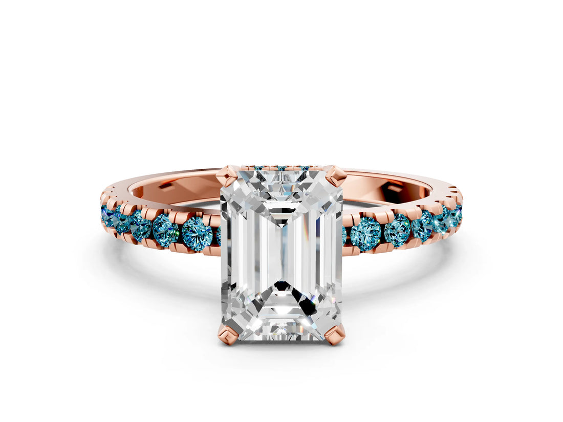 Rose gold Emerald Cut Diamond Solitaire Ring with Round with Blue Topaz side stone Pavé Band and Four-Prong Setting_36