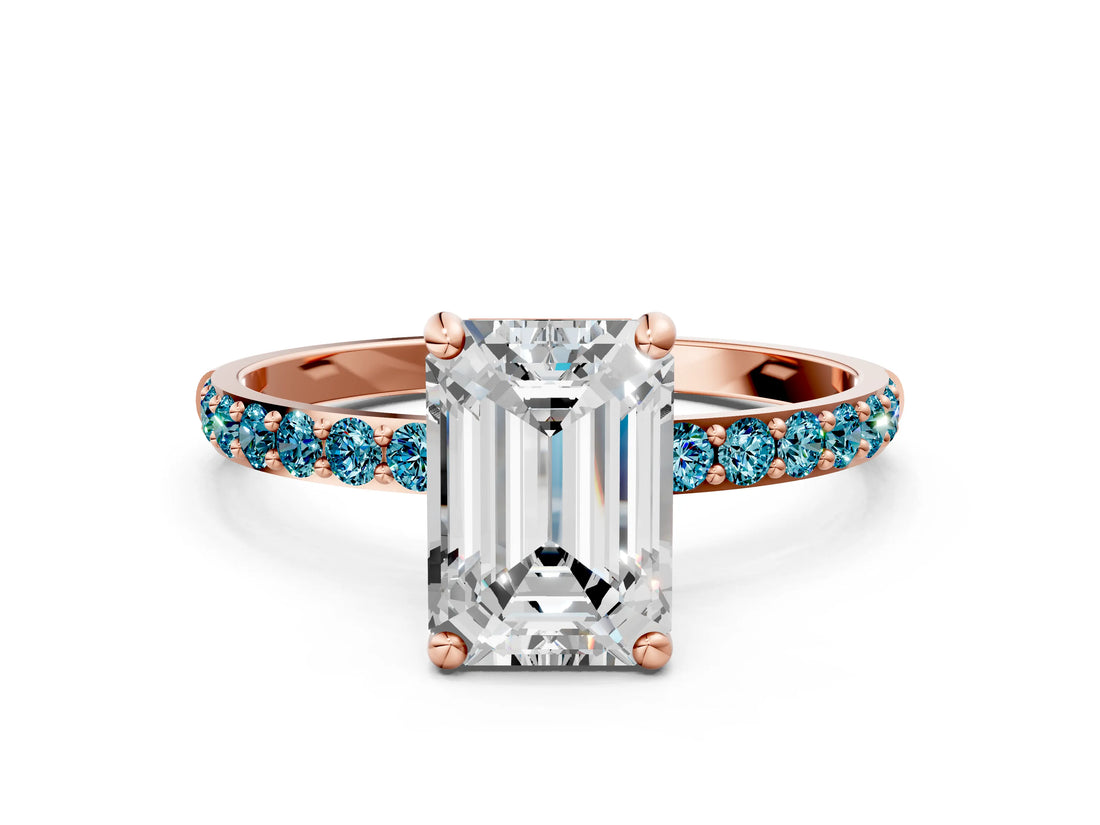 Rose gold Emerald Cut Diamond Solitaire Ring with Round with Blue Topaz side stone Pavé Band and Prong Setting_12