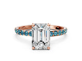 Rose gold Emerald Cut Diamond Solitaire Ring with Round with Blue Topaz side stone Pavé Band and Prong Setting_12