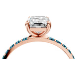 Rose gold Emerald Cut Diamond Solitaire Ring with Round with Blue Topaz side stone Pavé Band and Prong Setting_16