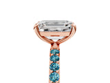 Rose gold Emerald Cut Diamond Solitaire Ring with Round with Blue Topaz side stone Pavé Band and Prong Setting_17