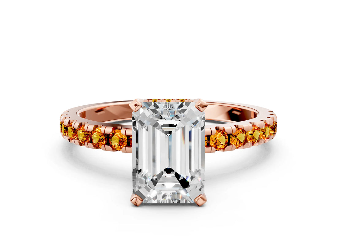 Rose gold Emerald Cut Diamond Solitaire Ring with Round with Citrine side stone Pavé Band and Four-Prong Setting_36