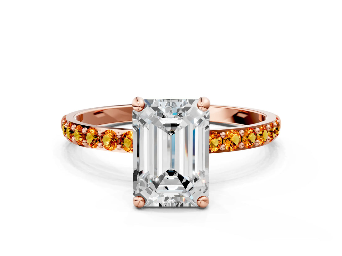 Rose gold Emerald Cut Diamond Solitaire Ring with Round with Citrine side stone Pavé Band and Prong Setting_12