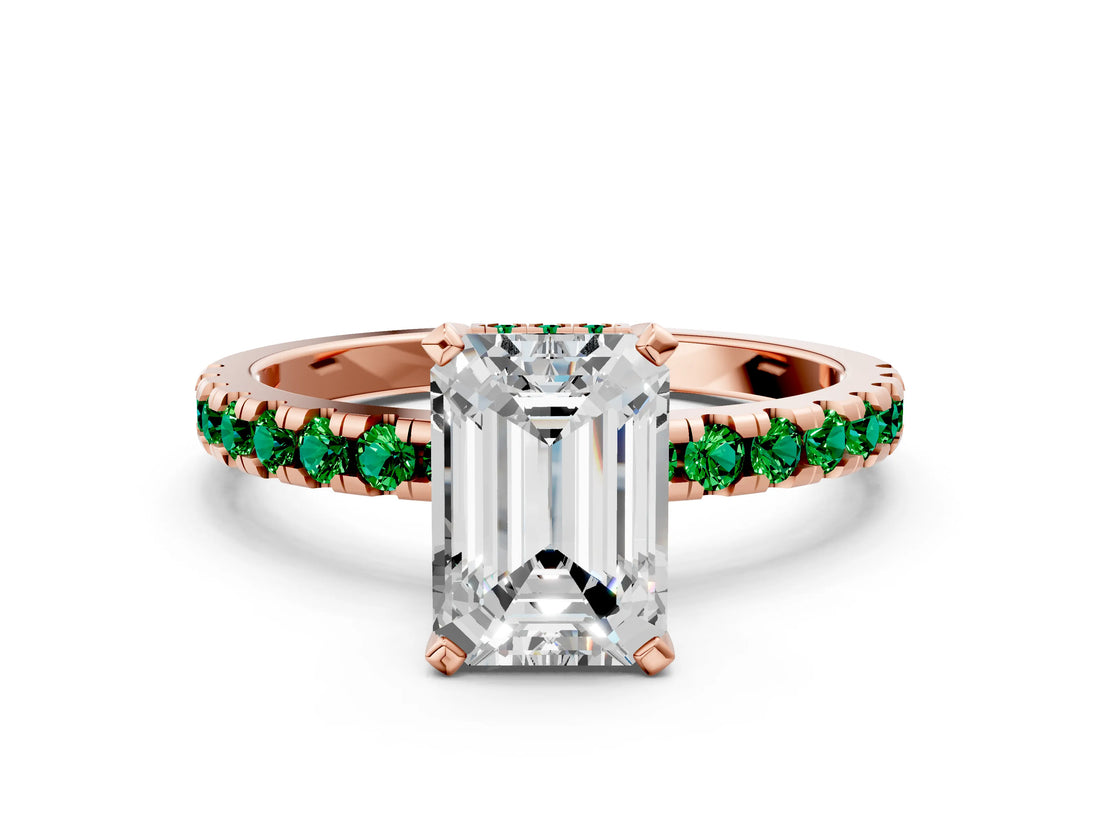 Rose gold Emerald Cut Diamond Solitaire Ring with Round with Emerald side stone Pavé Band and Four-Prong Setting_36