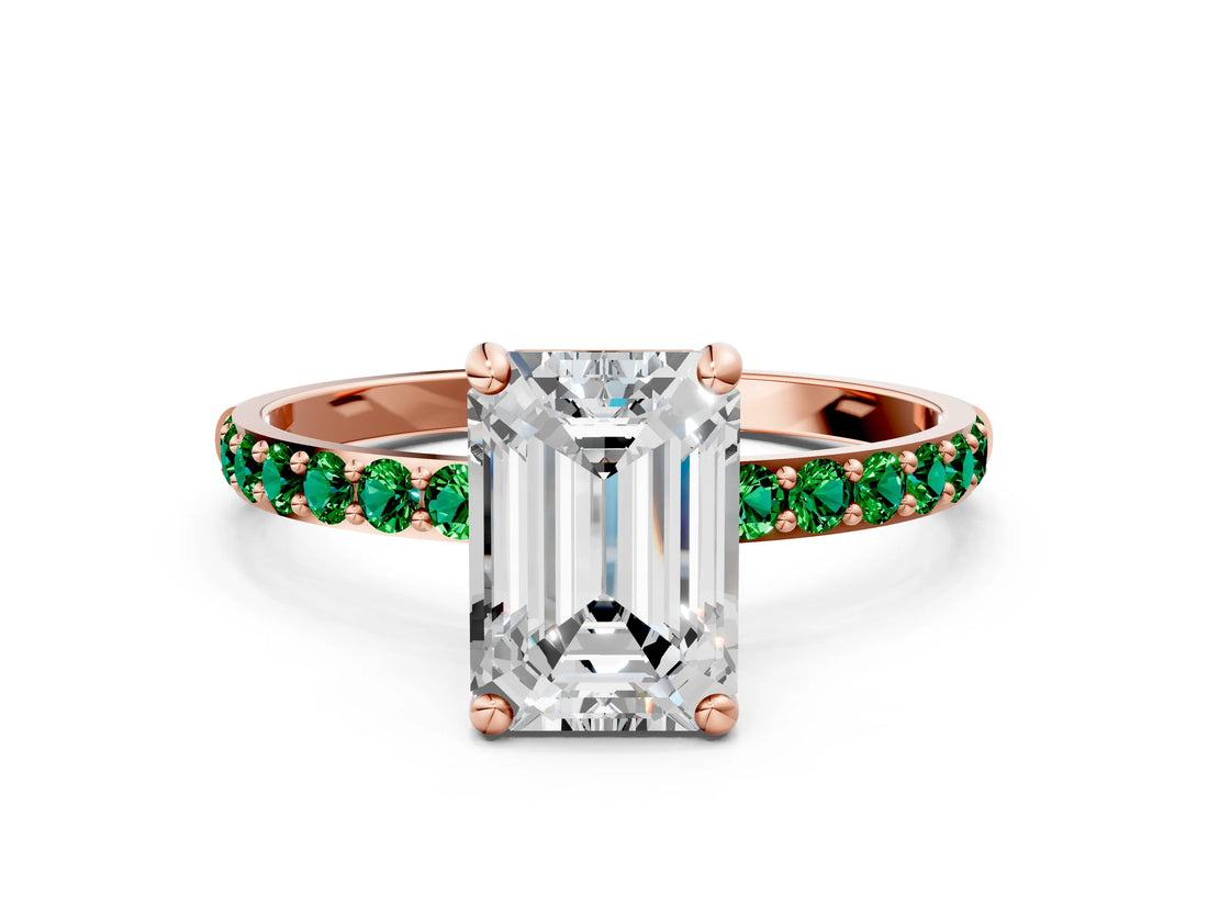 Rose gold Emerald Cut Diamond Solitaire Ring with Round with Emerald side stone Pavé Band and Prong Setting_36