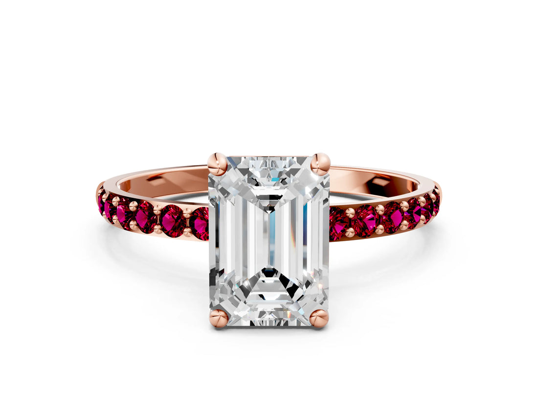 Rose gold Emerald Cut Diamond Solitaire Ring with Round with Garnet side stone Pavé Band and Prong Setting_24