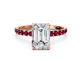 Rose gold Emerald Cut Diamond Solitaire Ring with Round with Garnet side stone Pavé Band and Prong Setting_24