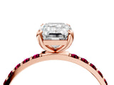 Rose gold Emerald Cut Diamond Solitaire Ring with Round with Garnet side stone Pavé Band and Prong Setting_28