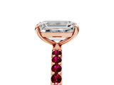 Rose gold Emerald Cut Diamond Solitaire Ring with Round with Garnet side stone Pavé Band and Prong Setting_29