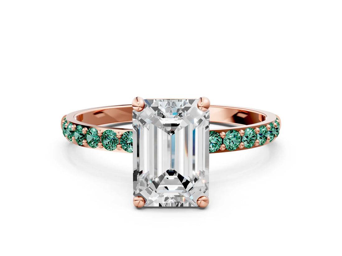 Rose gold Emerald Cut Diamond Solitaire Ring with Round with Green Sapphire side stone Pavé Band and Prong Setting
