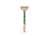 Rose gold Emerald Cut Diamond Solitaire Ring with Round with Green Sapphire side stone Pavé Band and Prong Setting_2
