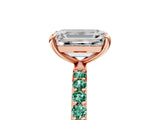 Rose gold Emerald Cut Diamond Solitaire Ring with Round with Green Sapphire side stone Pavé Band and Prong Setting_5