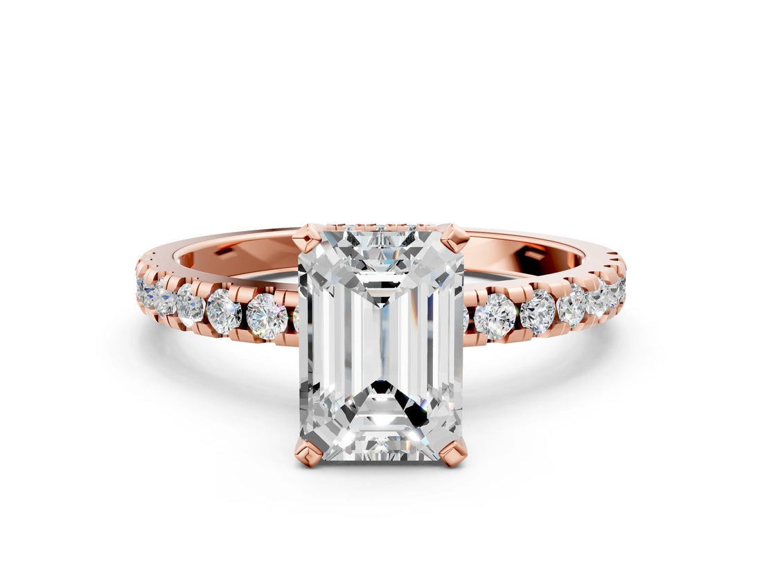 Rose gold Emerald Cut Diamond Solitaire Ring with Round with Moissanite side stone Pavé Band and Four-Prong Setting_36