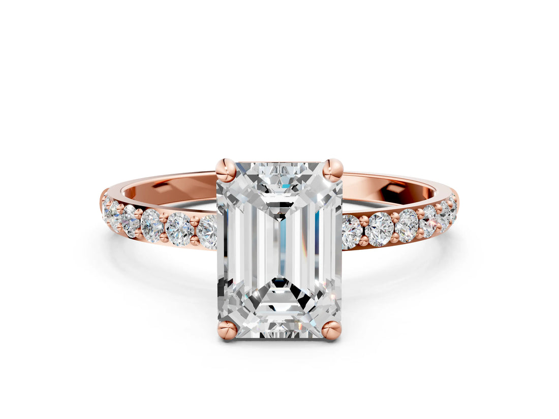 Rose gold Emerald Cut Diamond Solitaire Ring with Round with Moissanite side stone Pavé Band and Prong Setting_12
