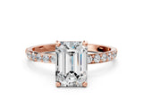 Rose gold Emerald Cut Diamond Solitaire Ring with Round with Moissanite side stone Pavé Band and Prong Setting_12