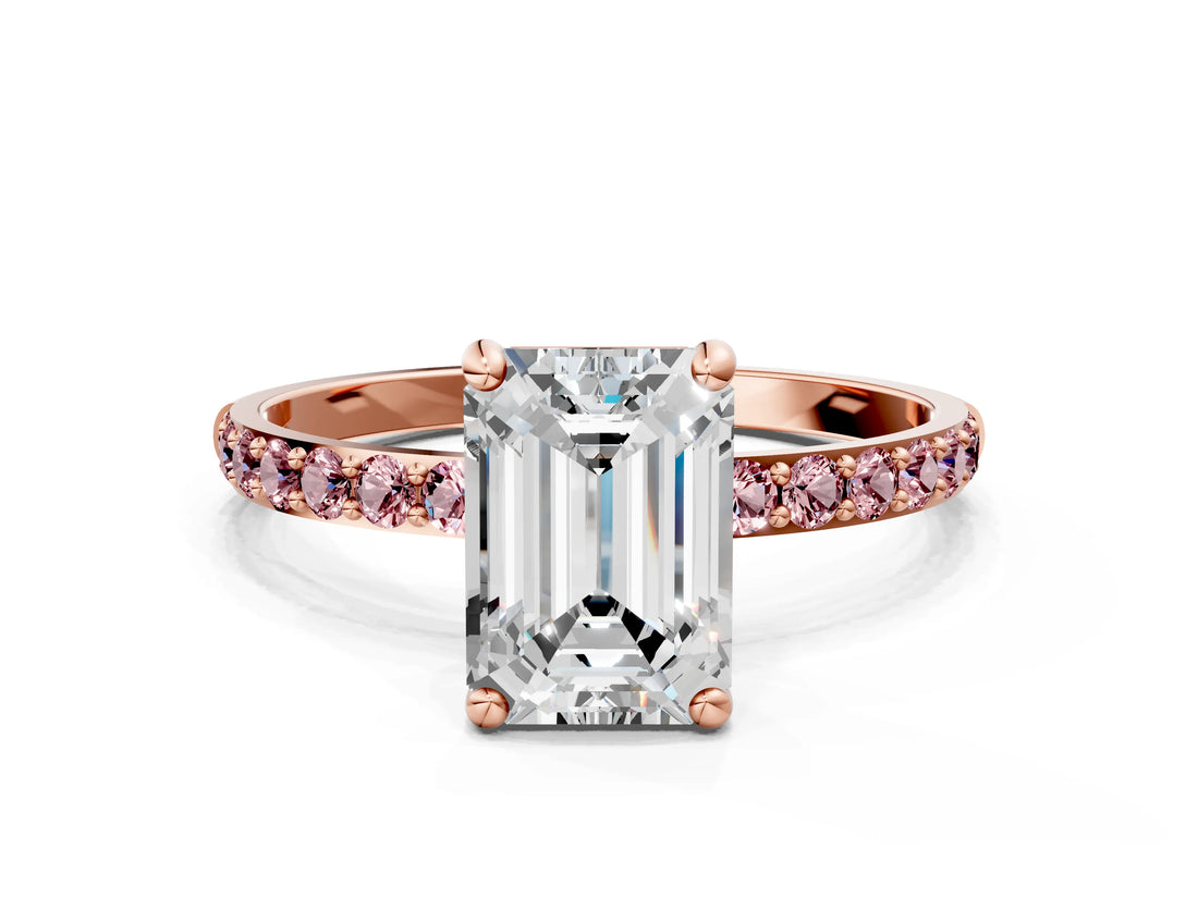 Rose gold Emerald Cut Diamond Solitaire Ring with Round with Morganite side stone Pavé Band and Prong Setting_12