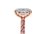 Rose gold Emerald Cut Diamond Solitaire Ring with Round with Morganite side stone Pavé Band and Prong Setting_17