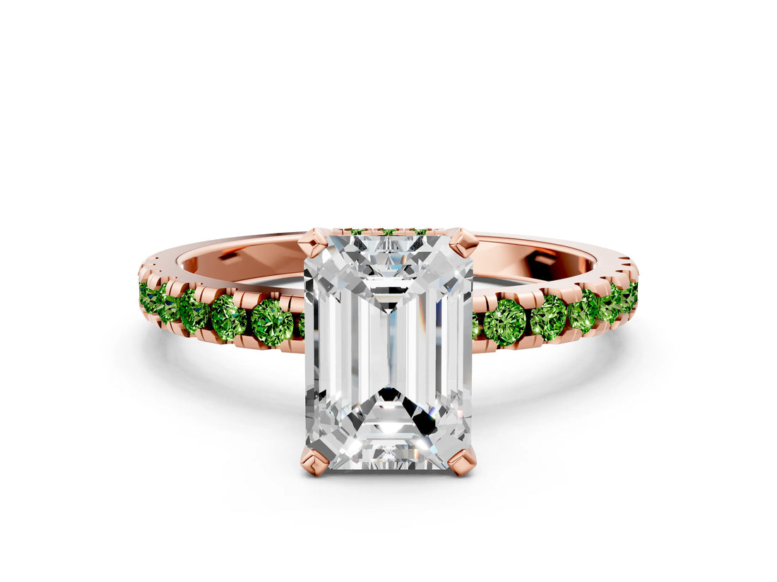 Rose gold Emerald Cut Diamond Solitaire Ring with Round with Peridot side stone Pavé Band and Four-Prong Setting_36